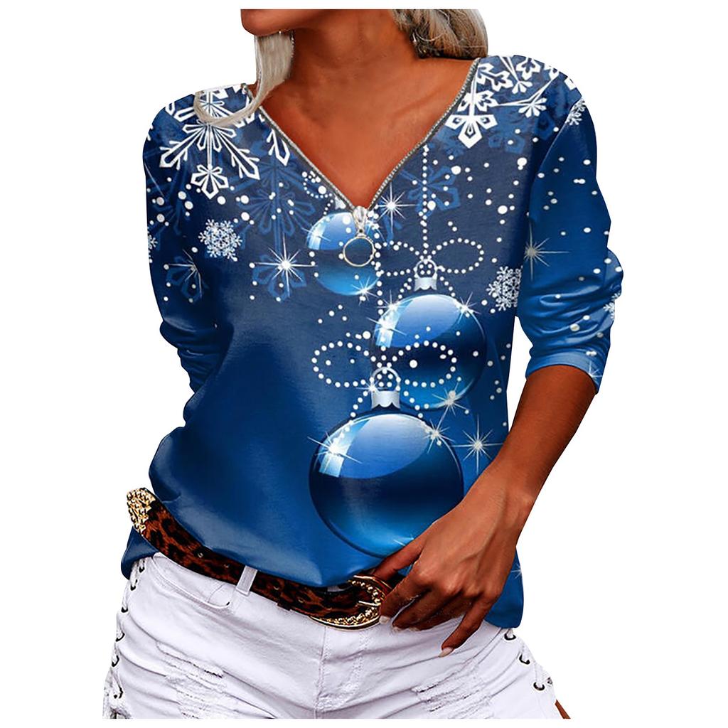 Women's Fashion Casual Snowflake Print Long Sleeve V-neck Zip T-Shirt Top
