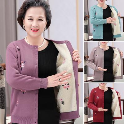 Autumn Winter Knitted Sweater Coat Flower Pattern Embroidery Plus Size Middle-aged Old