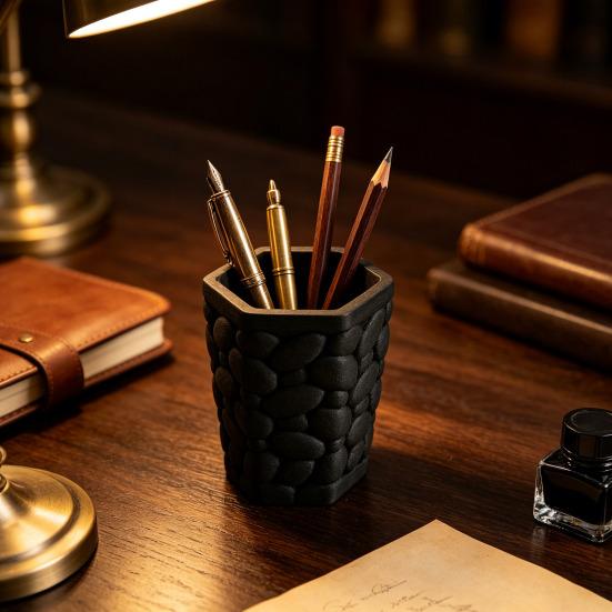 Office Desk Storage Solution Pebble Texture Pen Holder, Hexagonal Desktop Organizer, Stable Anti-Tip 3D Durable Organizer for Study Printed