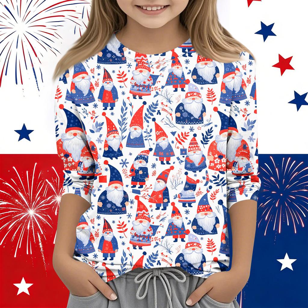 Print Tops For Youth Girls Round Neck 3/4 Sleeves T-Shirts Trendy Tops Outfit Tees Independence Day