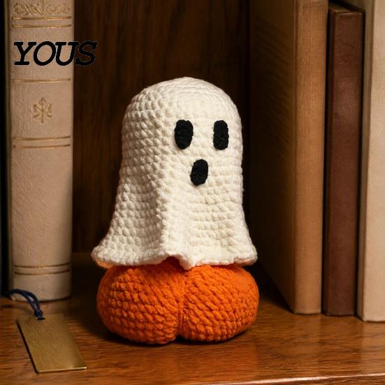 Fall Home Accents Knitted Ghost Pumpkin Ornament, Handmade Cute Crochet Figurine, Spooky Ornaments Festive Miniature Handicraft Ornament for Halloween