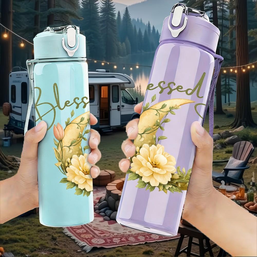 1PC Blessed Be Flower Wreath Quote Print 750ml Color Plastic Sports Water Bottle Leakproof Flip Straw Lid Suitable for Sports Office Home Use