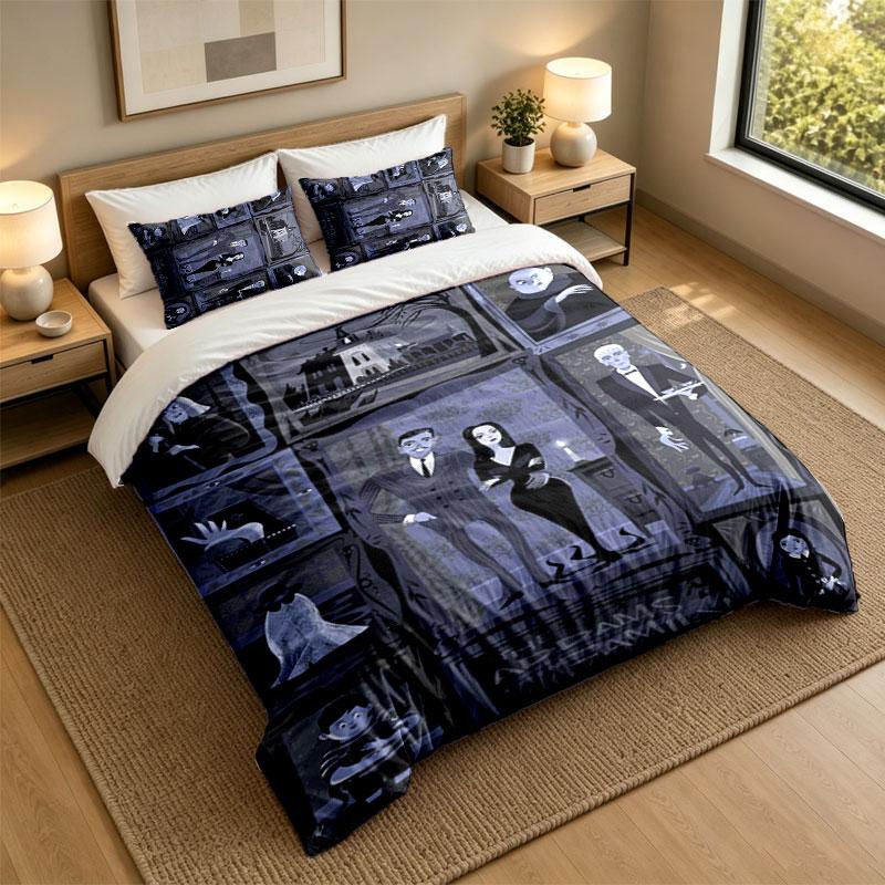 Juego de Ropa de Cama de 3 PiezasLa Familia Addams Sábana Suave y Dos Fundas de Almohada Decoración del Dormitorio del Hogar
