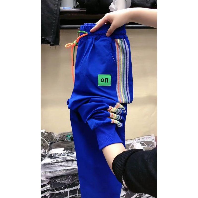 

2025 Summer Thin Ice Silk Quick-Drying Women s Pants Influencer Picks Rainbow Side Tape Air Conditioning Pants Leisure Tappered Cropped Pants Blue XL