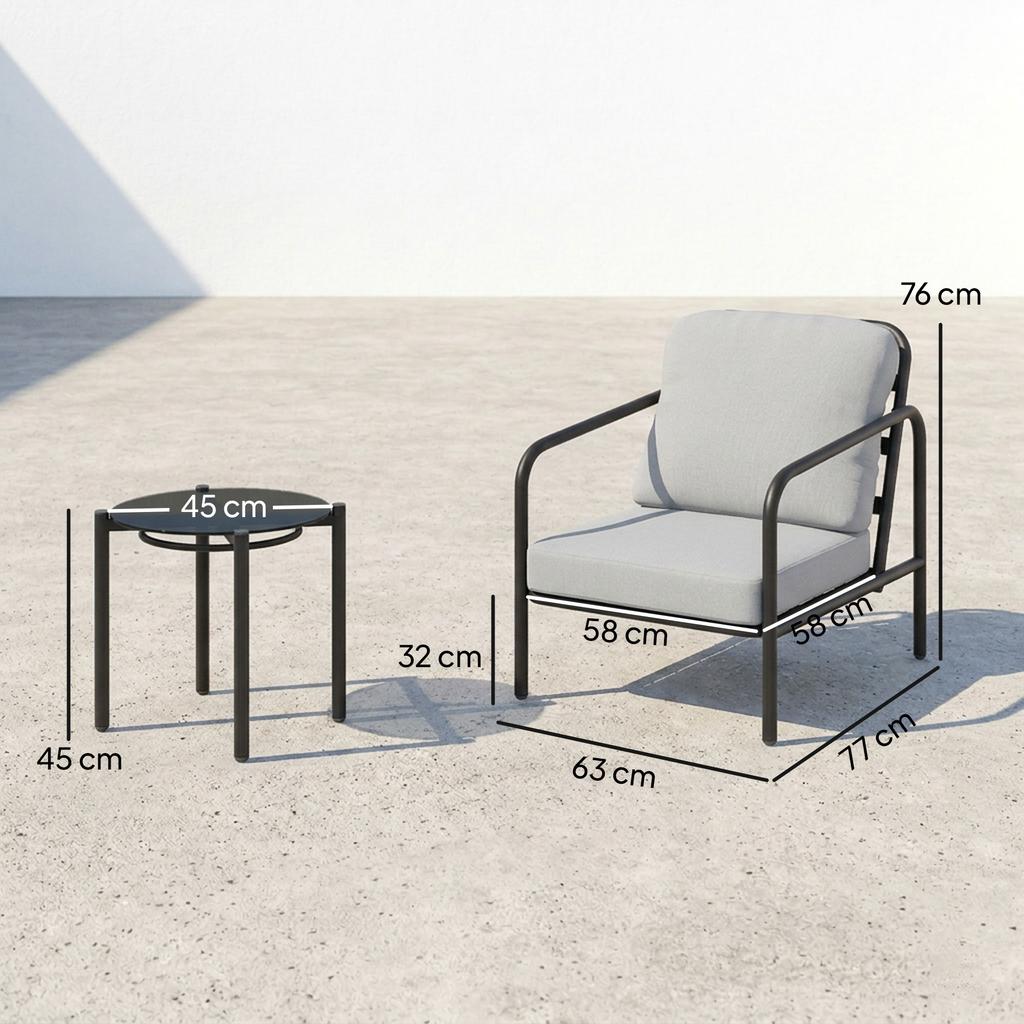 3 Piece Bistro Set In Steel With 2 Chairs With Thick Cushions Side Table With Black Tempered Glass Top