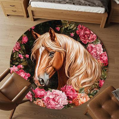 1 Stück Pferd Blumen Büro Runder Teppich, Unter Bürostühlen Schlafzimmer Wohnzimmer Heimdekoration, Teppich für Büro -1110119
