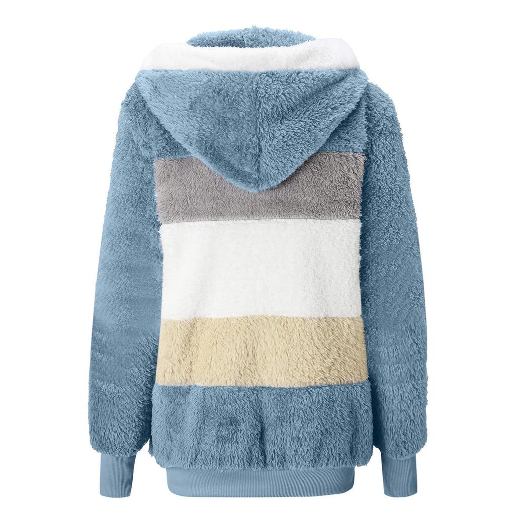 Women's Fashion Casual Loose Plush Striped Stitching Hooded Jacket Coat