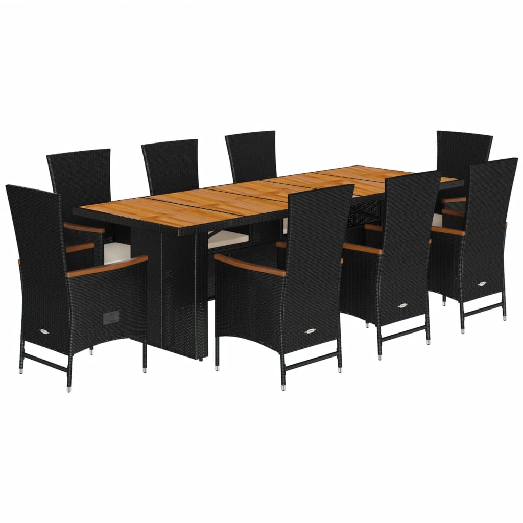 9 Piece Outdoor Dining Set with Cushions Black Poly Rattan