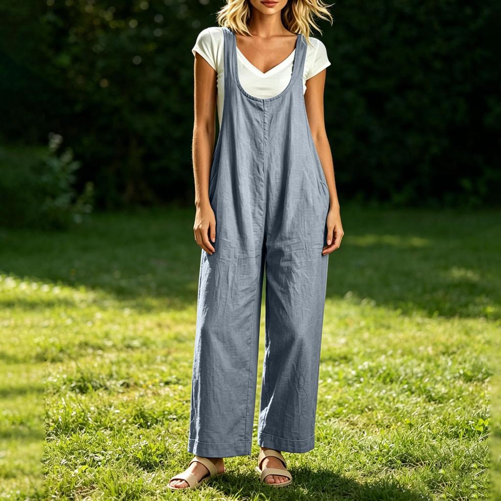 Damen Freizeit Ärmelloser Lockerer Jumpsuit mit Weiter Beinen und Taschen für den Alltag