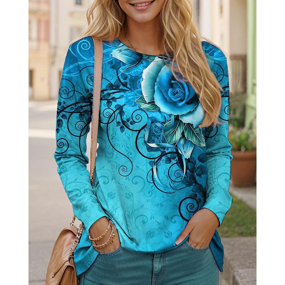 Long Sleeve Floral Pattern Gradient Women T-Shirts Spring Autumn 3D Flower Printed Street Ladies Tee 3XL Plus Size Casual Tops