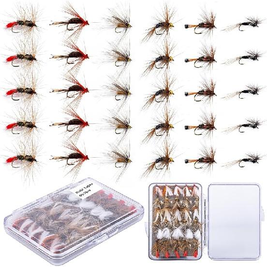Набор рыболовных мушек для нахлыста, Сухие мушки, мокрые мушки, стримеры, нимфы для нахлыста, Мушки для ловли форели, приманки для нахлыста с коробкой для мушек, Ассортиментный набор для нахлыста на окуня A:30pcs Flies with Fly Bo