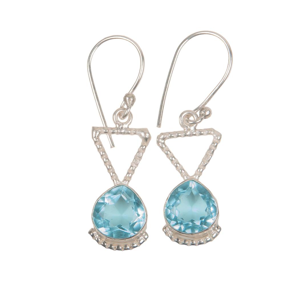 Sky Blue Topaz Gemstone 925 Sterling Silver Handmade Heart Shape Stone Earrings 1.62" Jewelry EE-93-6