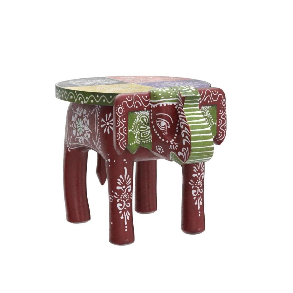 Handcrafted and Hand-Painted Colorful Wooden Elephant Stool/Side Table for Home/Office/Living or Bedroom Decor (Maroon)