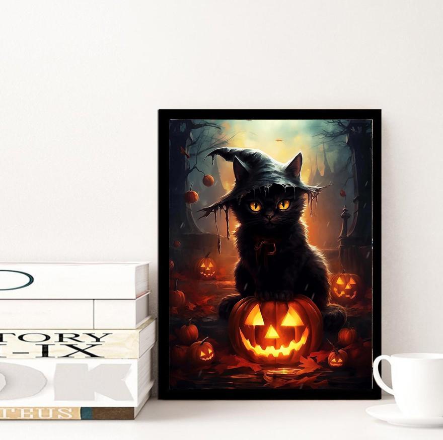 Round Diamond 5D DIY Diamond Painted Rose "Halloween with Cats" Embroidery Cross Stitch Mosaic Decoration Gift