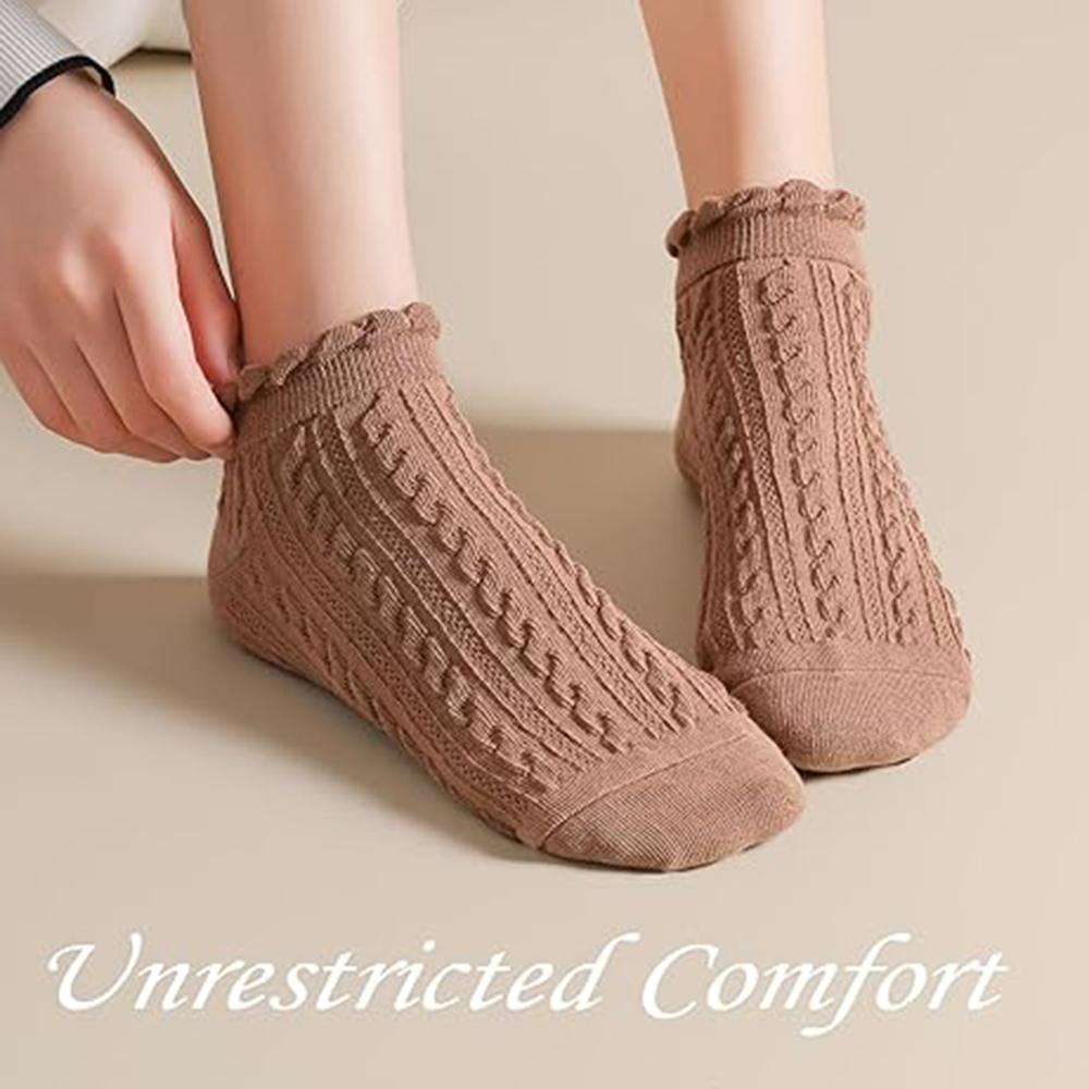 6 Pairs Set Ankle Socks For Women Cotton Cable Knit Ruffle Socks Low Cut Breathable Casual Girls Spring Summer Socks
