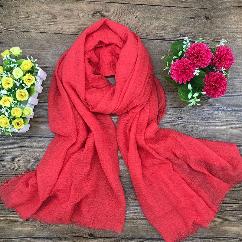 

Мятый и бахромчатый шарф из хлопка и льна, универсальный для женщин на осень и зиму, однотонный платок для головы, шелковый шарф, шаль, женский шарф 180 * 90cm