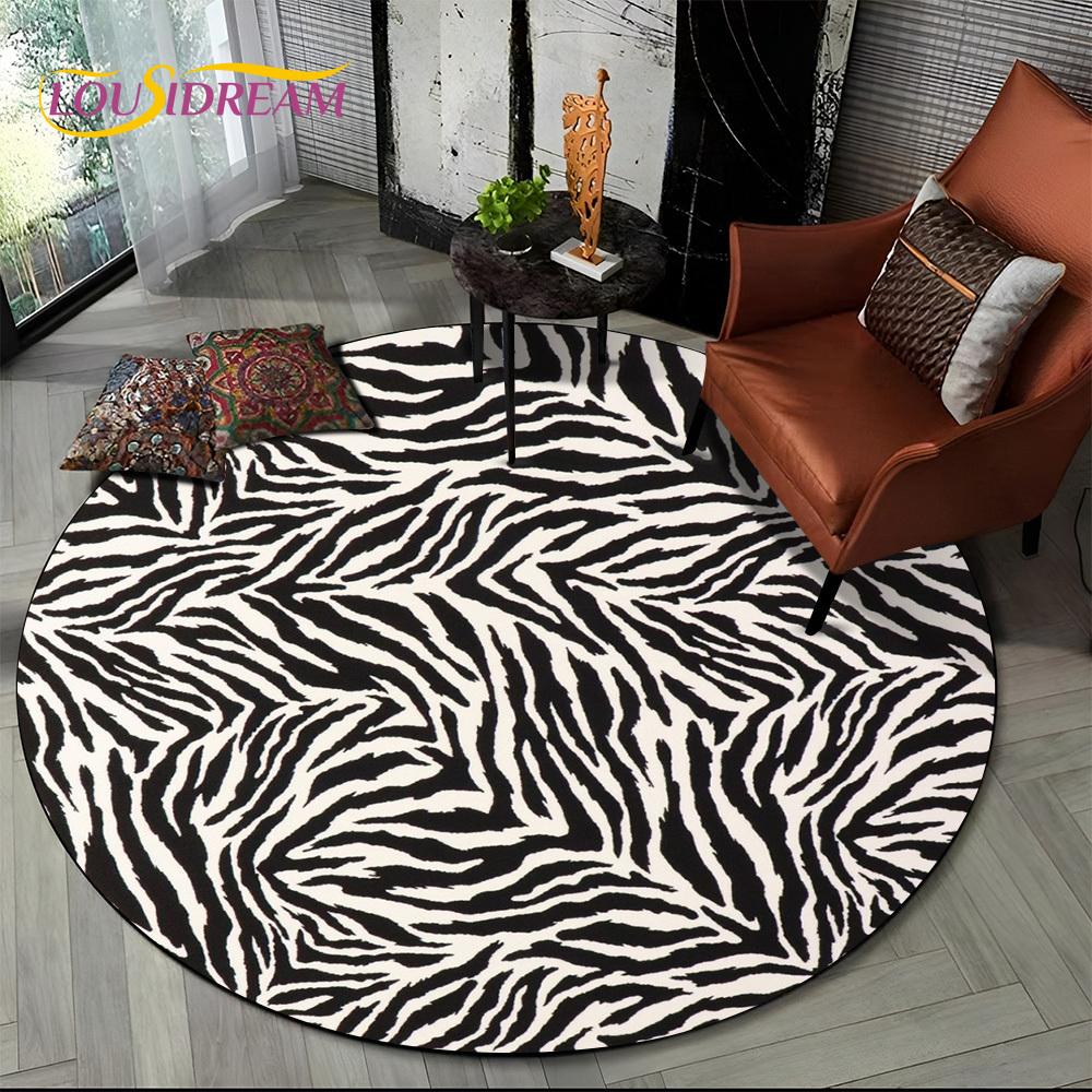 3D Barevný Pruhovaný Vzor Zebra Kulatý Koberec pro Obývací Pokoj, Ložnici, Dětský Herní Koutek Dekor, Protiskluzová Podložka do Zóny pro Domácí Mazlíčky