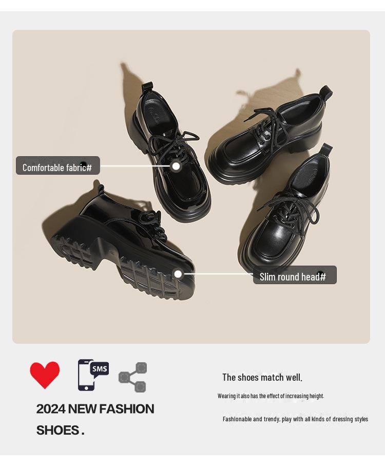 Women's Genuine Leather Thick-Soled Lace-Up Loafers, High-Heeled, British Style, Autumn/Winter 2024.