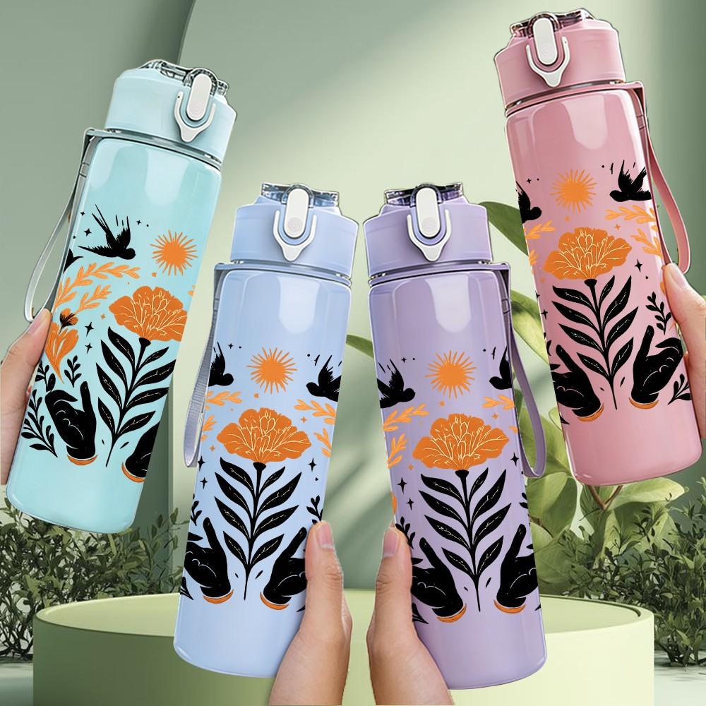 1PC Autumn Floral Horse Art 750ml Color Plastic Sports Water Bottle Leakproof Flip Straw Lid Suitable for Sports Office Home Use