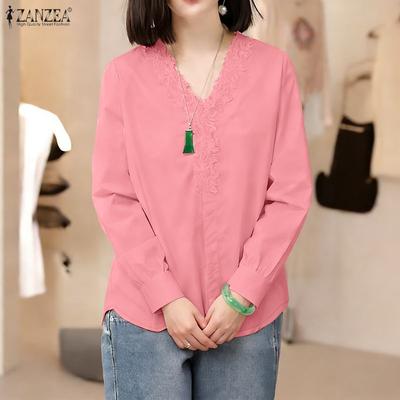 Women Lace Splice V-Neck Casual Long Sleeve Blouse