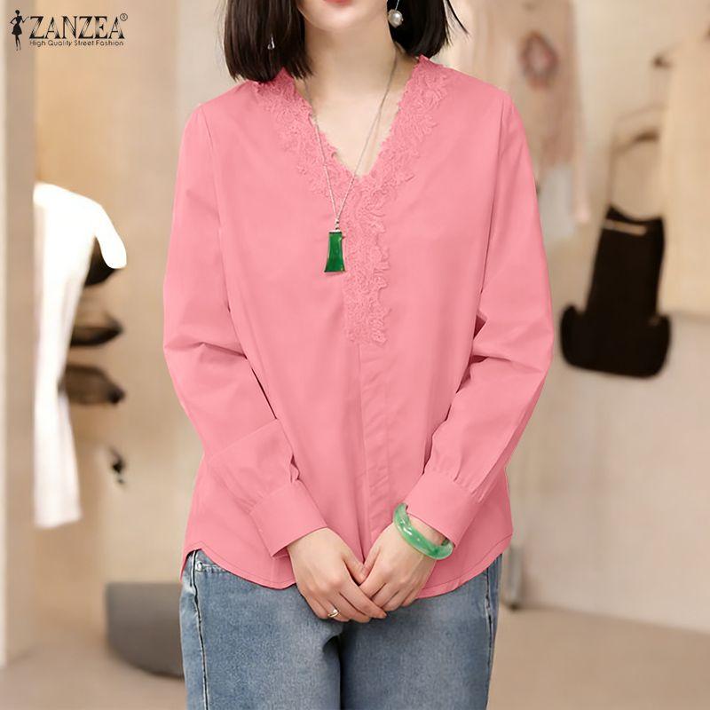 ZANZEA Women Lace Splice V-Neck Casual Long Sleeve Blouse 5XL розовый