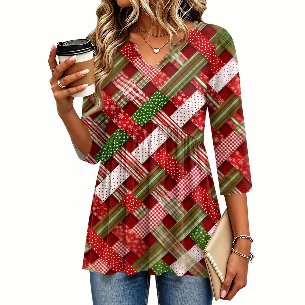 Women's Casual Christmas Print V-Neck Three-Quarter Sleeve Shirt