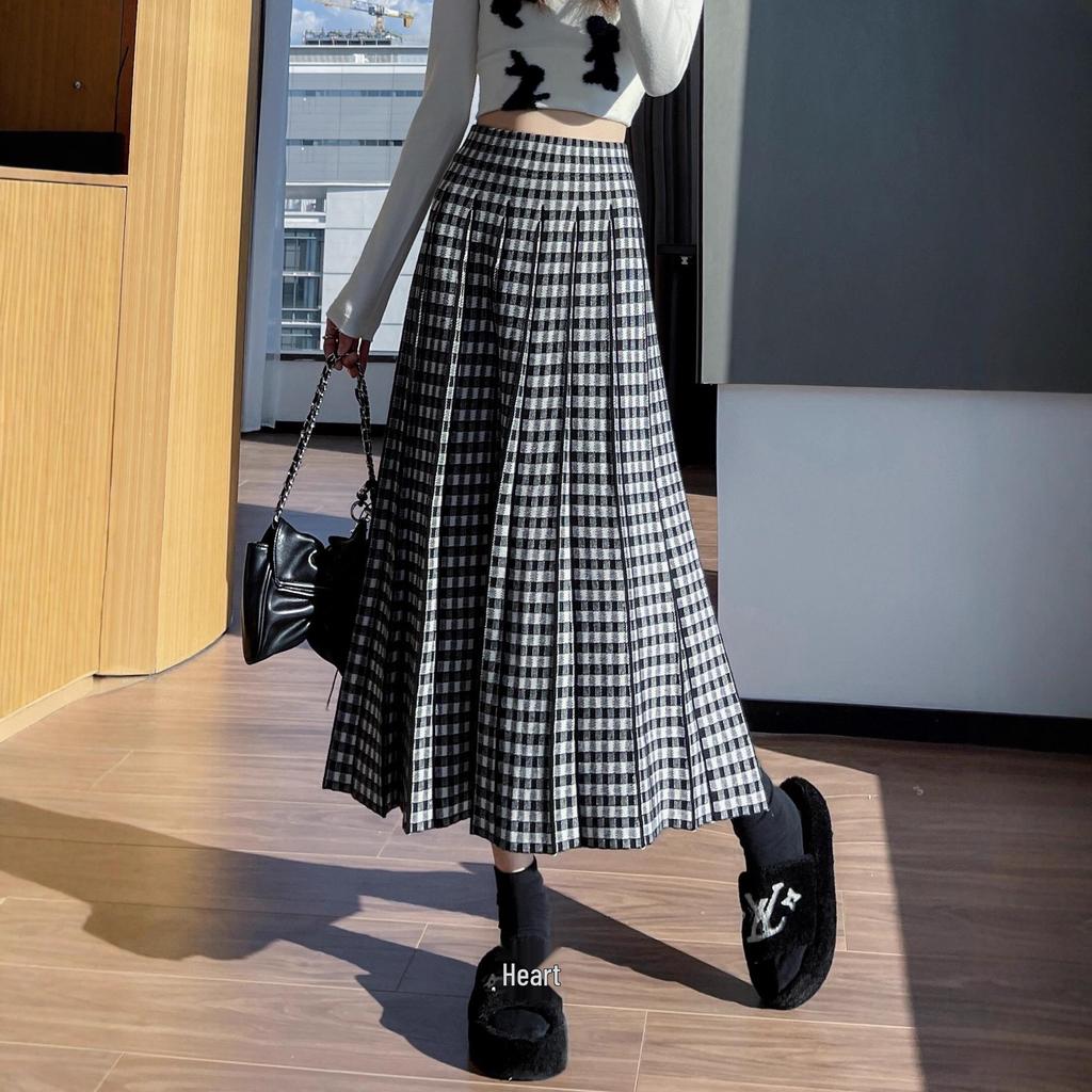 Women's High-Waisted Plaid Pleated Wool Midi Skirt - Fashionable, Slimming, A-Line Design