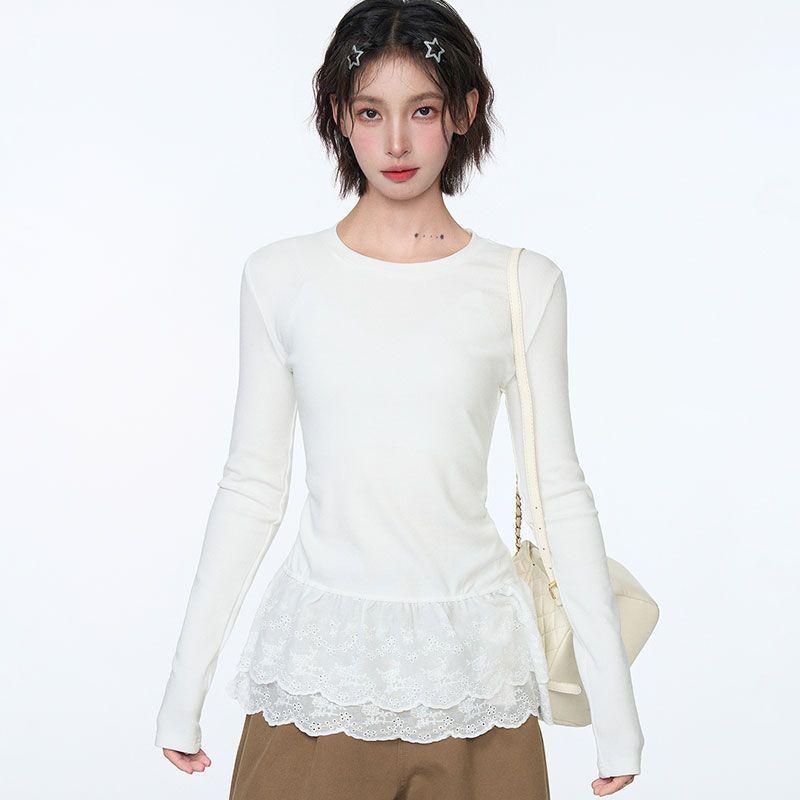 Autumn/Winter Pure Desire Lace Long Sleeve Slimming T-shirt for Women Extra Large белый