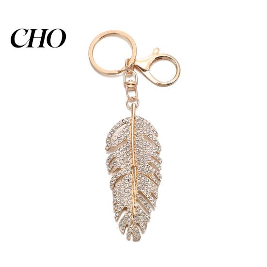 Rhinestones Inlay Keychain Pendant Inlaid Feather Shape Key Chain Hollow Glossy with Anti-Oxidation Lobster Clasp Backpack Bag Accessory Durable Metal