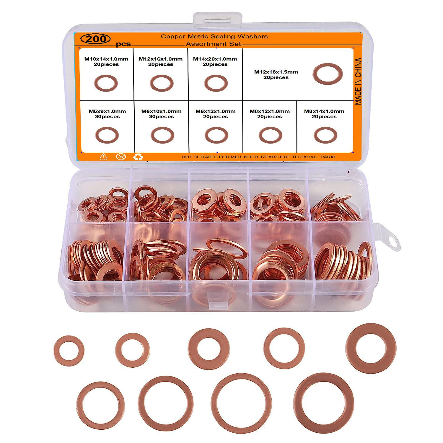 

300/200/360 шт. Красная медь Уплотнительное кольцо Сальник Набор прокладок Красная медная плоская шайба Круглая Красная медная уплотнительная коробка 200PCS-195g