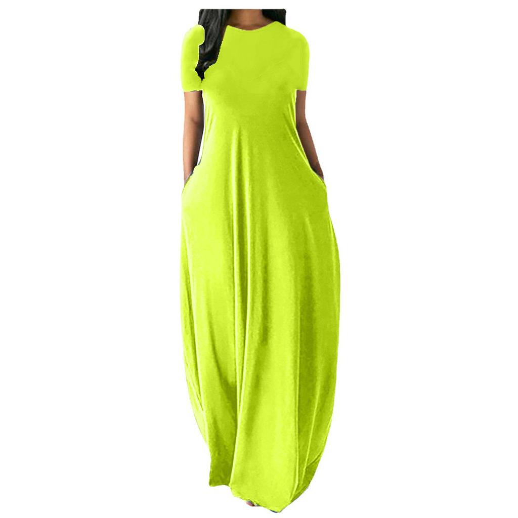 Plus Size Women’s Solid Color Round Neck Pocket Maxi Dress – Short Sleeve, Loose Fit