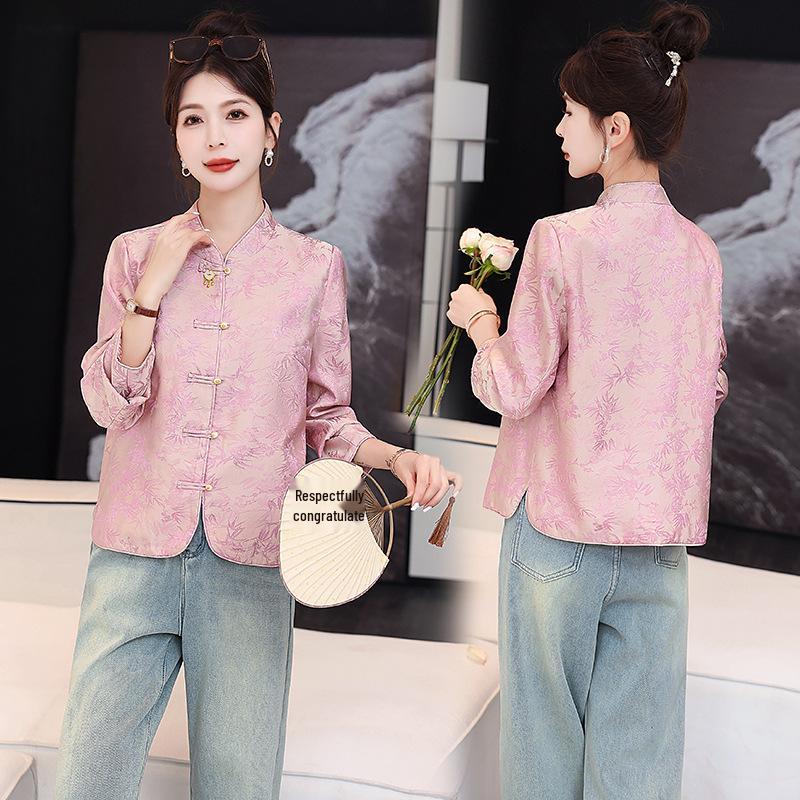 

Весенняя куртка в стиле ретро с китайским жаккардовым узором и застежкой на пуговицу-лягушку для женщин, короткий топ L (110-125 kg) розовый