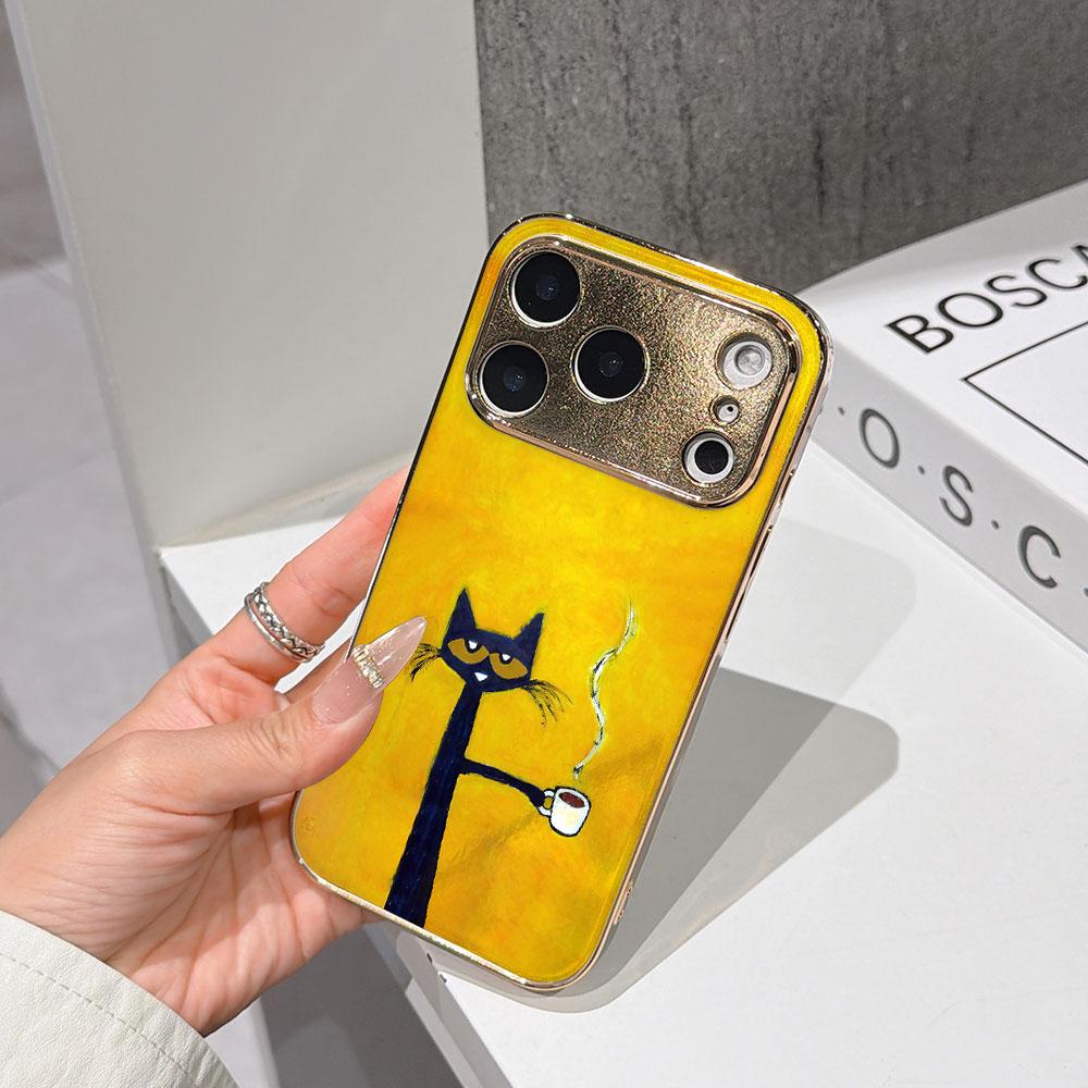 

Lucky Start Phone Case For iPhone 17 16 15 14 13 12 11 Pro Max 16E Gold Electroplated glass shell Black Cat with Coffee Cover IPHONE15PROMAX