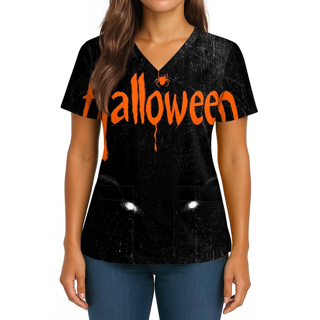 Womens V Neck Casual Halloween Print Top Short Sleeve Medical Scrub Shirt with Pockets Lightweight Comfortable Fit