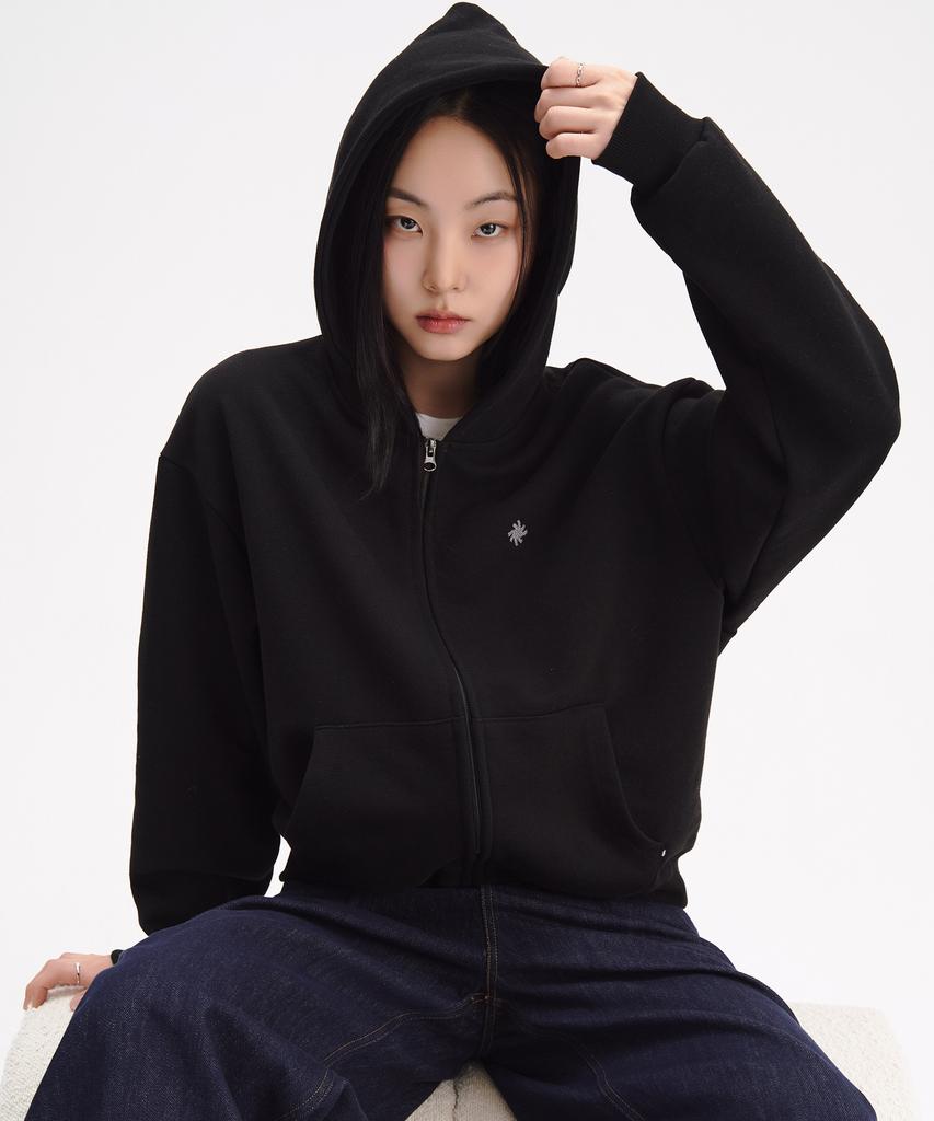 Slow Record House Crop Zip-Up Hoodie_Black