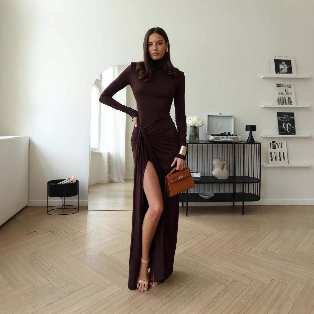 2025 Spring European and American Women's Solid Color Semi-High Neck Waist-Hugging Fashion Dress