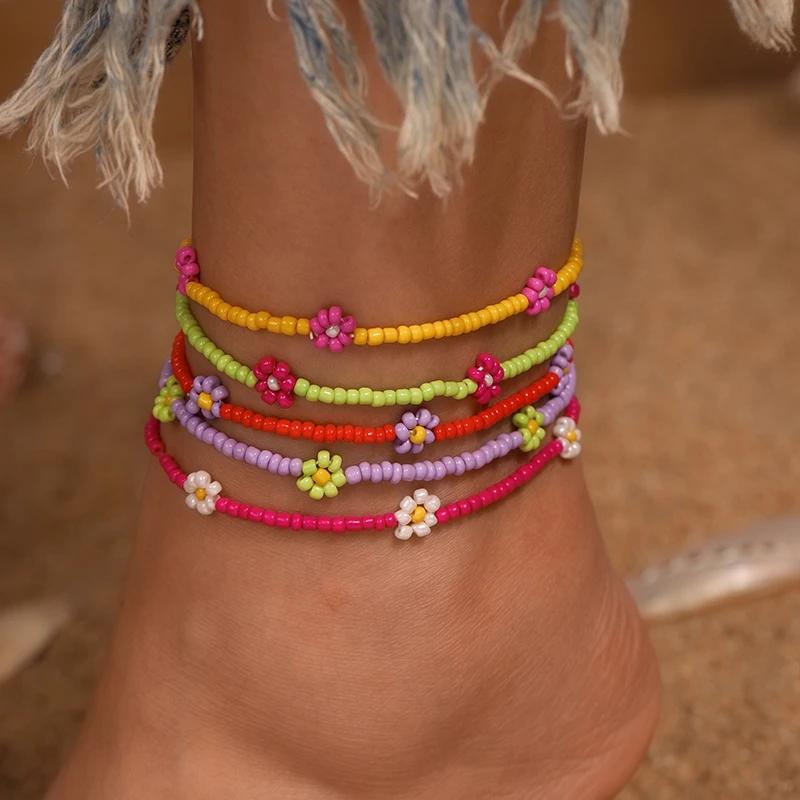 5 Stück Bunte Boho Handgemachte Blumenperlen Fußkettchen für Damen Mädchen Mehrschichtiges Knöchelarmband Kette Fußschmuck Geschenke