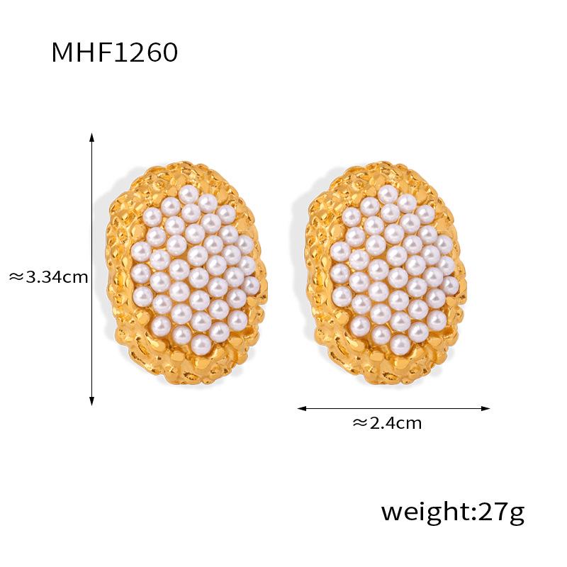 French Design Oval Honeycomb Earrings: Fashionable Gold-Plated Titanium Studs with Pearls for Women