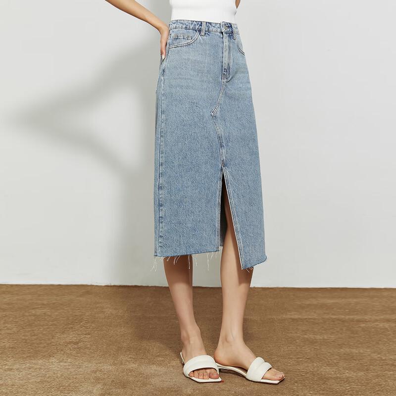 High-Waist Split Denim Midi Skirt