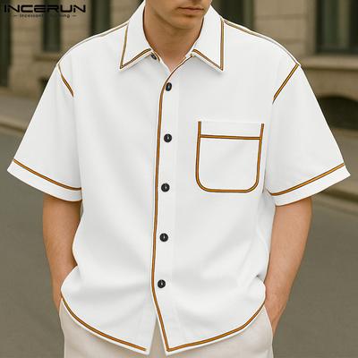 Men Lapel Short Sleeve Stitching Buttons Casual Loose Shirts Tops