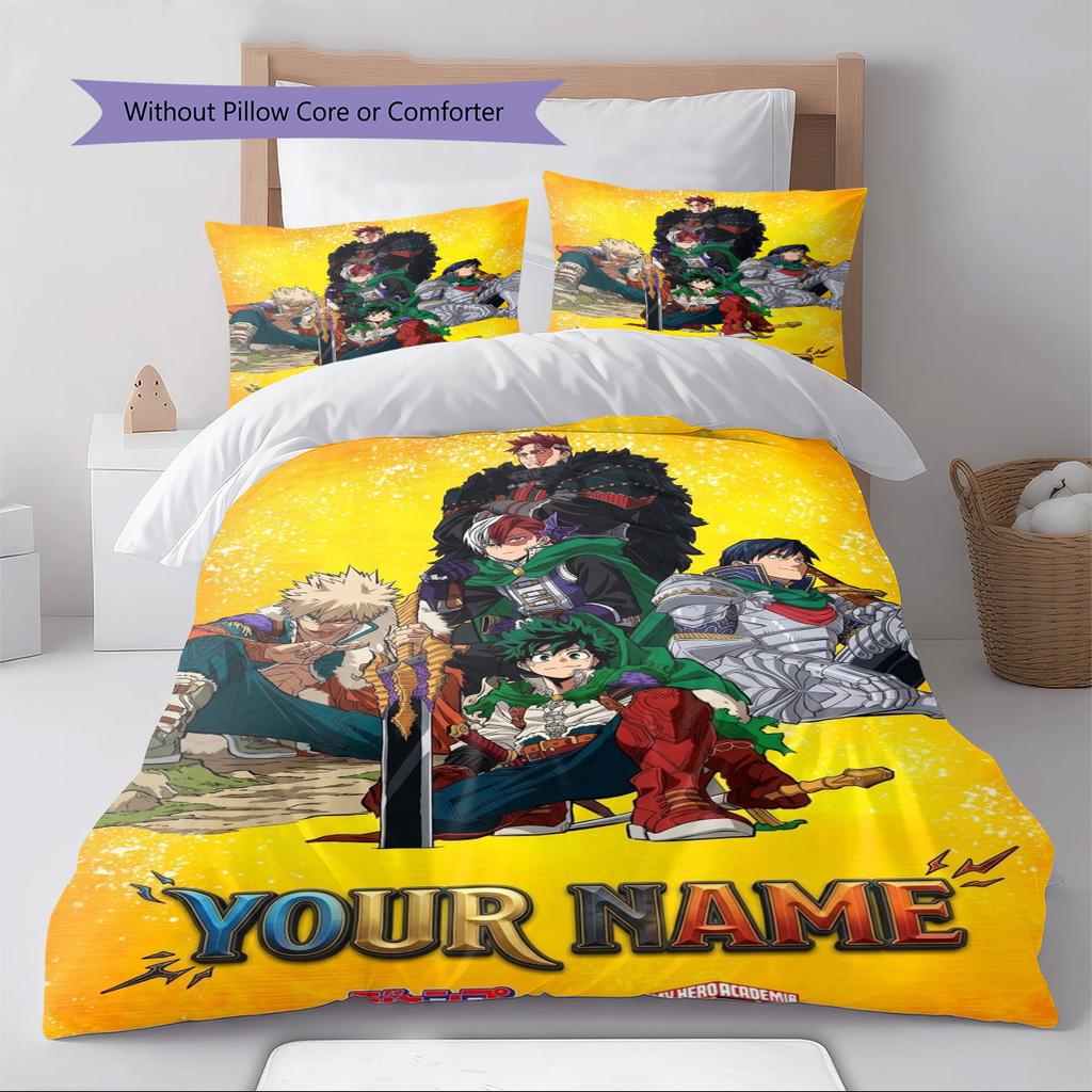 Name Custom My Hero Academia Pattern Bedding Set Quilt Cover Pillowcase Home Decor Gift (1 * Duvet Cover + 2 * Pillowcase, Without Core)
