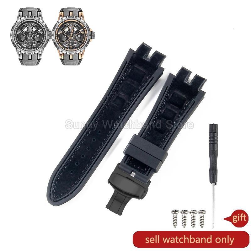 19x28mm Black Blue Red for Roger Dubuis EXCALIBUR Genuine Leather Watch Strap Special Interface Supple Moisture Wicking Design