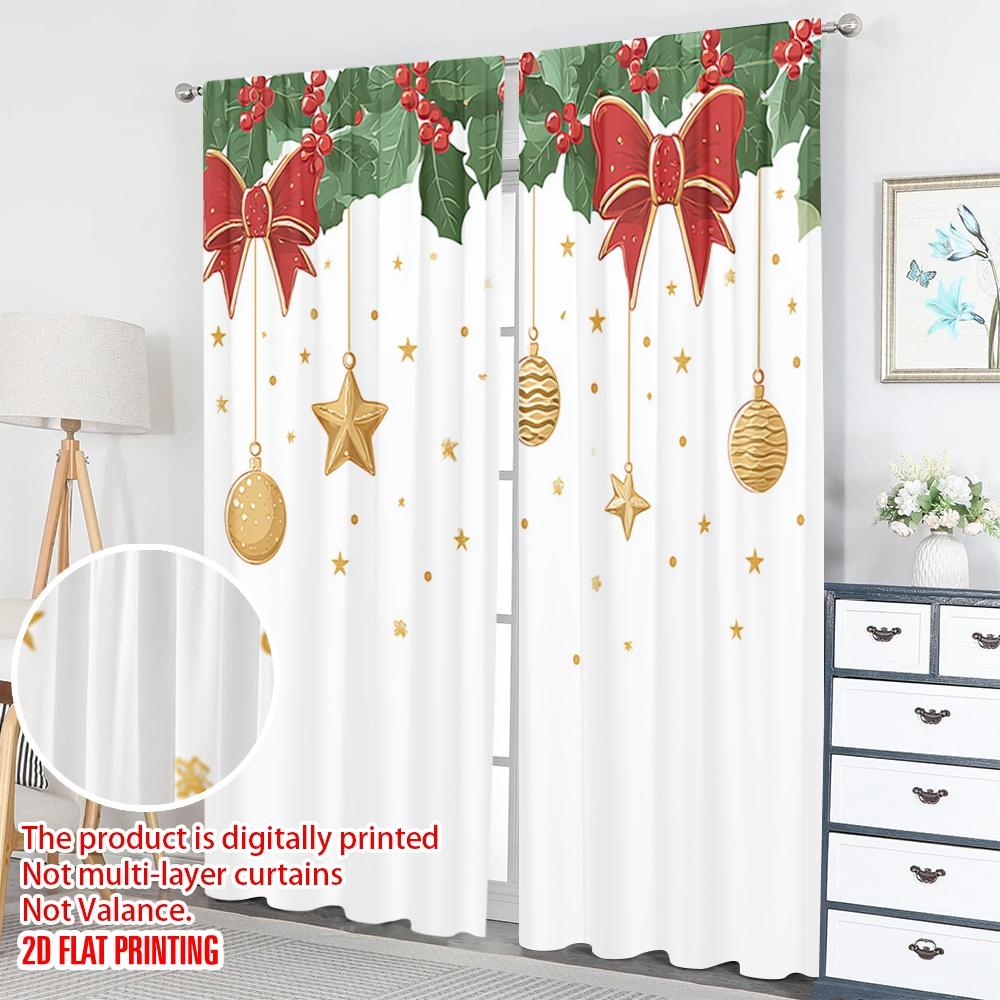 2pcs 2D flat printing Merry Christmas Curtains Christmas Holly Bow Stars Digital Printed Polyester Drapes Family Party Perfect
