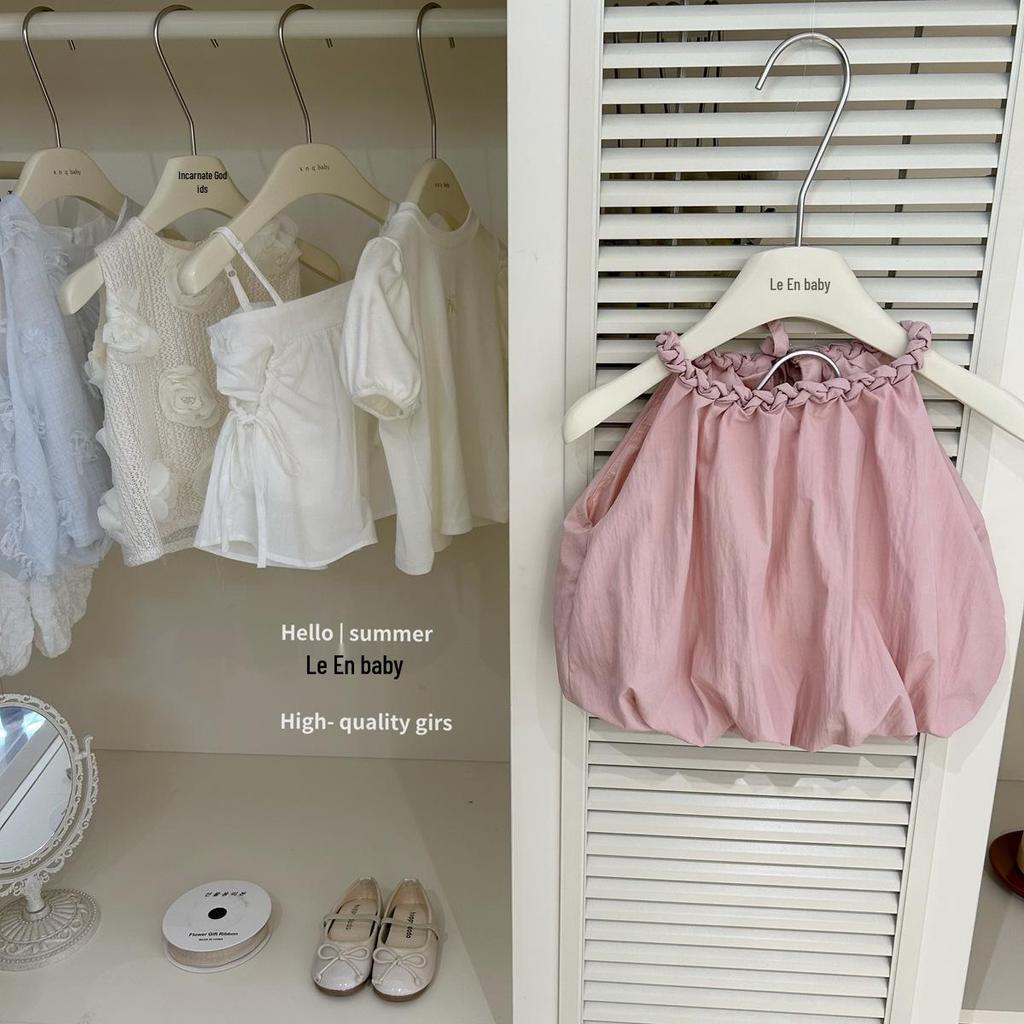 Leenbaby Spring/Summer Pink Halter Tank & White Ruffle Shorts Set for Girls