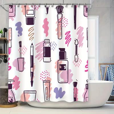 Cortina de ducha de estilo vintage con diseño de brocha de maquillaje, impermeable, para baño, decoración del hogar, rosa, morado, blanco C