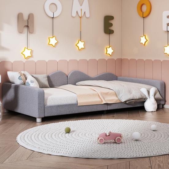 Children Bed Upholstered Bed 90x200cm, Frame Fabric Multifunctional Soft Bed with Backrest and Armrest, Sofa Bed Bed, Youth Bed Guest Bed Gray