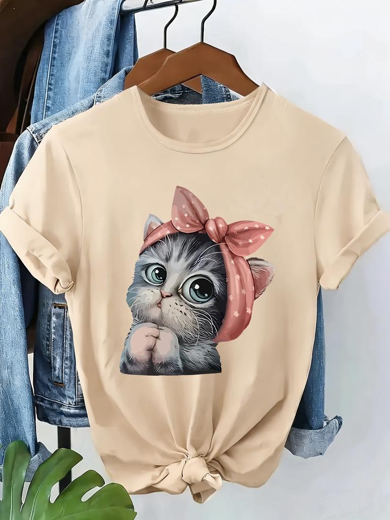 Kawaii Cat With Bow Retro 90s Girl Harajuku 90s Unisex T Shirt Cartoon Graphic Ladies Tshirt Casual Unisex Shirt Tee Shirt
