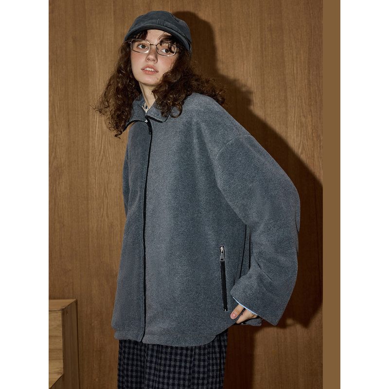 Coolhut Reversible Polar Fleece Stand Collar Simple Casual Design Loose New Winter Women's Jacket