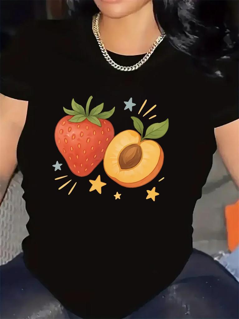 Cotton Short Sleeve T-Shirt with Strawberry and Peach Print, Lightweight and Durable, Perfect for Casual Wear At Home or Restaurant,