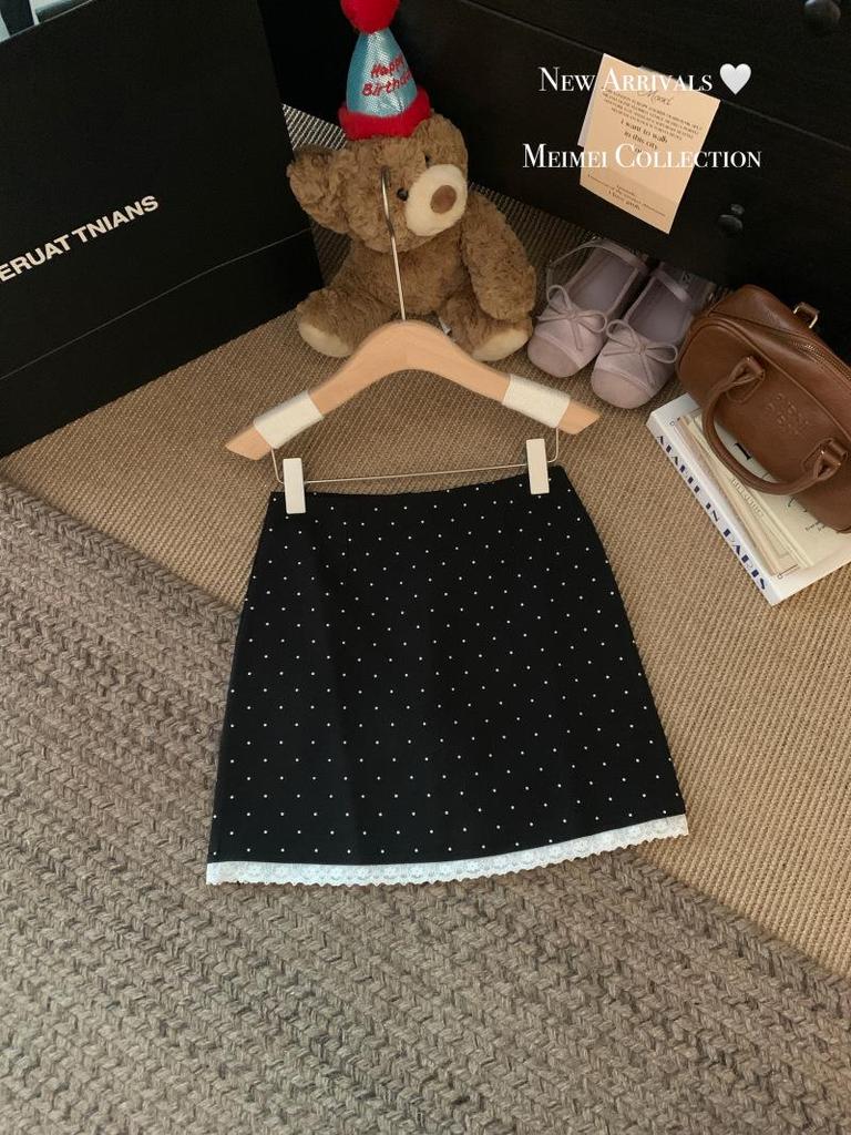 Polka Dot Lace Trim A-Line Midi Skirt, Spring/Summer 2025 Fashion, Petite High-Waist Hip-Hugging Fit